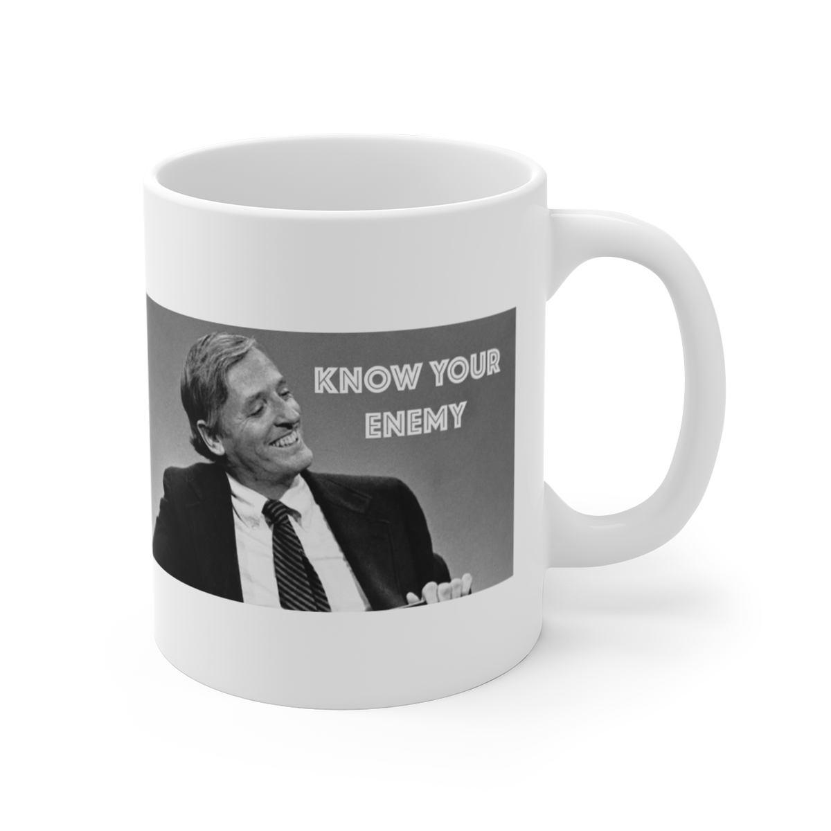 Smiling Man Portrait Mug | Black and White Retro Photo | Know Your Enemy Podcast — official Know Your Enemy Mugs & Drinkware