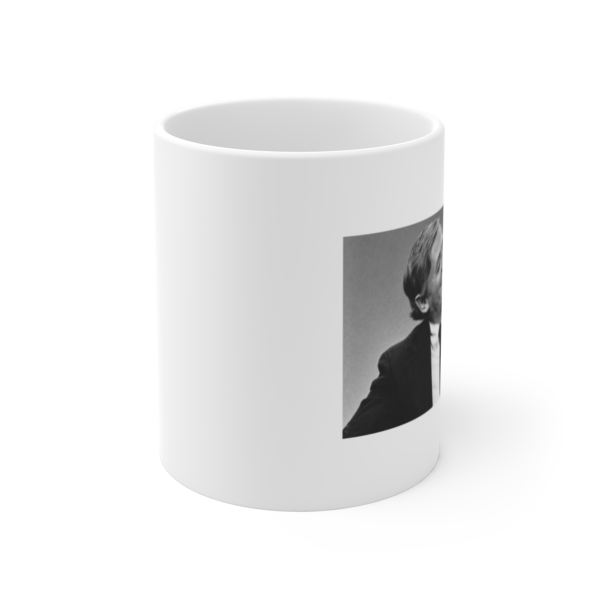 Smiling Man Portrait Mug | Black and White Retro Photo | Know Your Enemy Podcast - alternate angle 1, merchandise